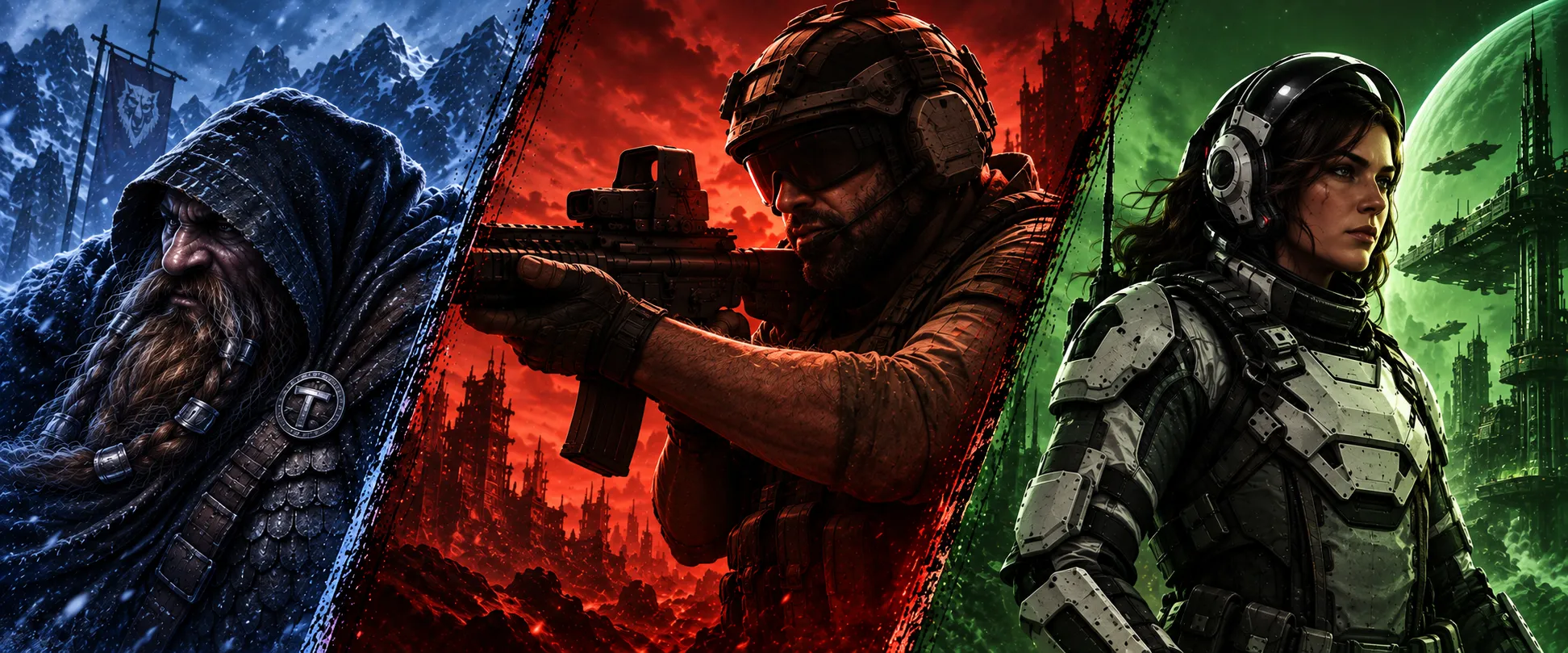 A hooded dwarf warrior, a modern soldier aiming a rifle, and an armored sci-fi pilot, set against blue, red and green backdrops